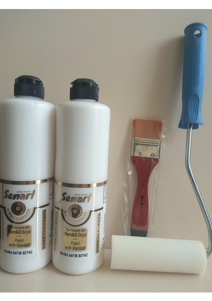 Senart Multisurface Tüm Yüzeyler Için Vernikli Boya Seti - Antik Beyaz 500 ml 2'li + Rulo 10 cm + Fırça