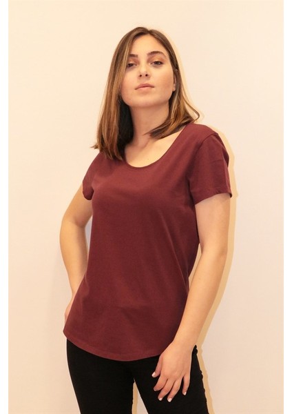 Kadın Bordo Bisiklet Yaka Basic T-Shirt