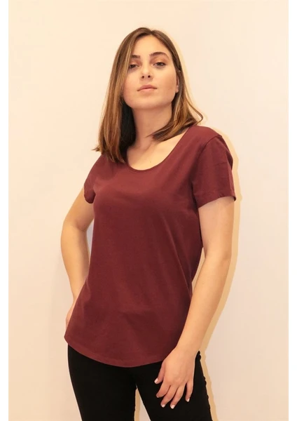 Kadın Bordo Bisiklet Yaka Basic T-Shirt