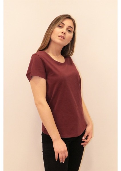 Kadın Bordo Bisiklet Yaka Basic T-Shirt