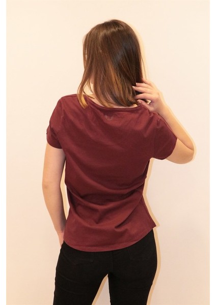 Kadın Bordo Bisiklet Yaka Basic T-Shirt