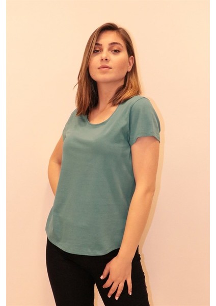 Kadın Mint Yeşili Bisiklet Yaka Basic T-Shirt