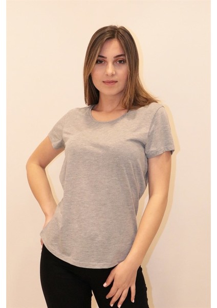 Kadın Gri Melanj Bisiklet Yaka Basic T-Shirt