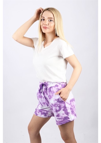 Kadın Mor Batik Desenli Şort