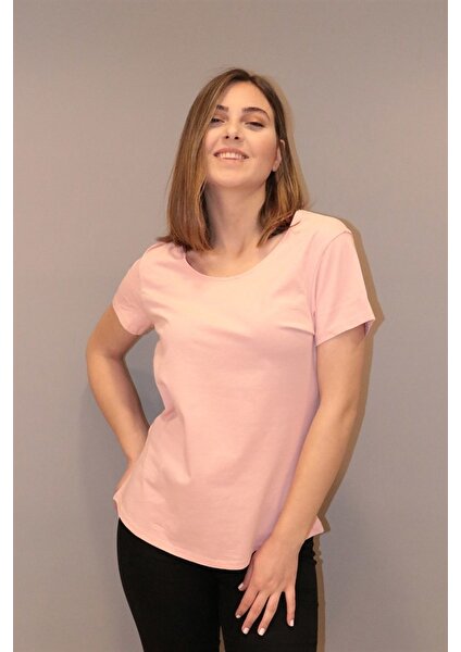 Kadın Pembe Bisiklet Yaka Basic T-Shirt