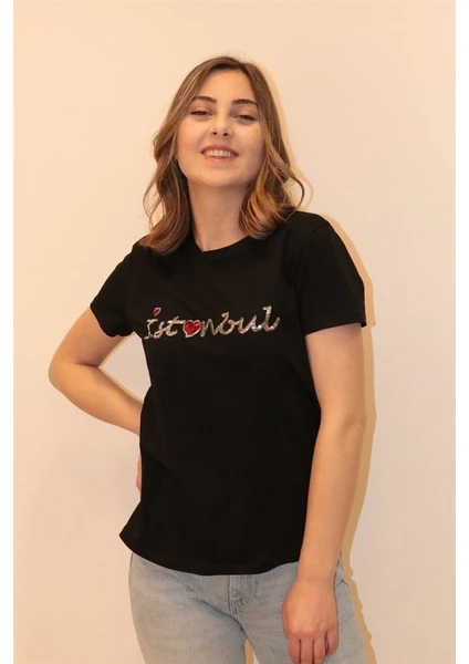 Kadın İstanbul Baskılı Bisiklet Yaka T-shirt