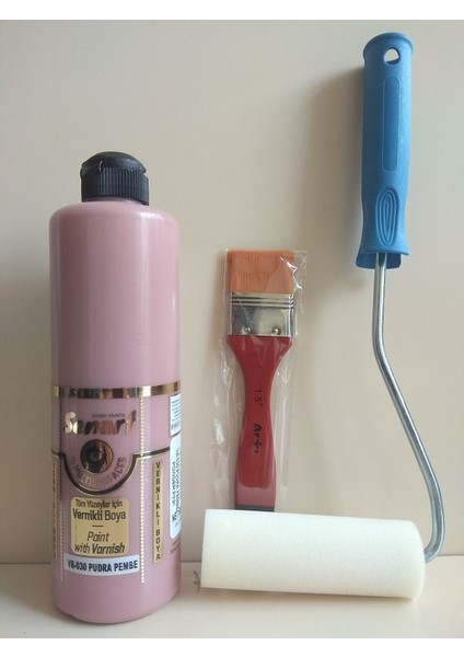 Senart Multisurface Tüm Yüzeyler Için Vernikli Boya Seti - Pudra Pembe 500 ml + Rulo 10 cm + Fırça