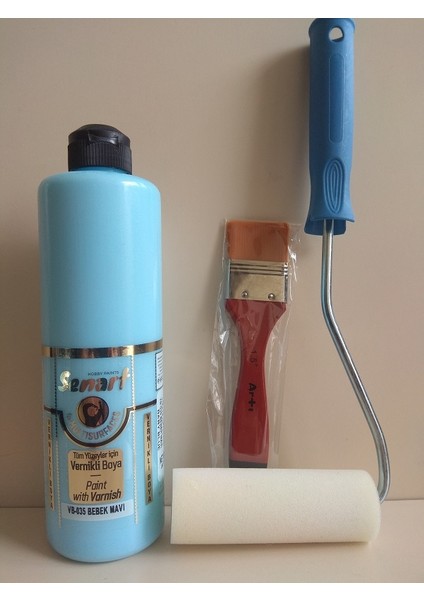 Senart Multisurface Tüm Yüzeyler Için Vernikli Boya Seti - Bebek Mavi 500 ml + Rulo 10 cm + Fırça