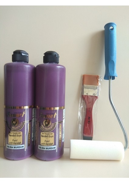 Senart Multisurface Tüm Yüzeyler Için Vernikli Boya Seti - Mürdüm 500 ml 2'li + Rulo 10 cm + Fırça