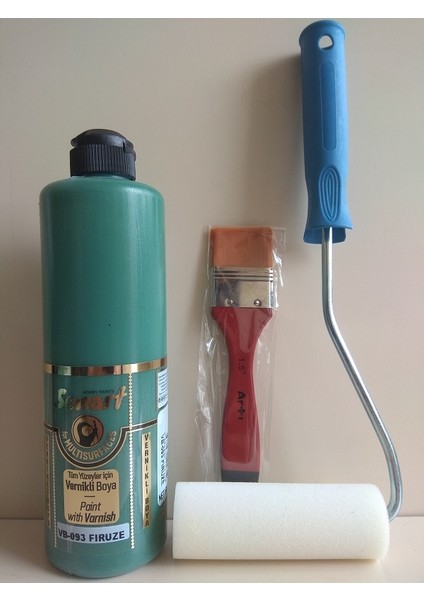 Senart Multisurface Tüm Yüzeyler Için Vernikli Boya Seti - Firuze 500 ml + Rulo 10 cm + Fırça