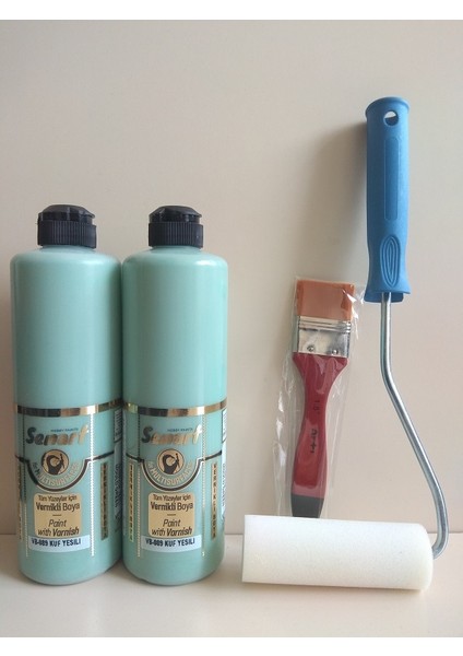 Senart Multisurface Tüm Yüzeyler Için Vernikli Boya Seti - Küf Yeşili 2ADET 500 ml + Rulo 10 cm + Fırça