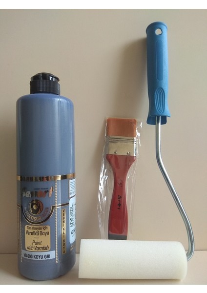 Senart Multisurface Tüm Yüzeyler Için Vernikli Boya Seti - Koyu Gri 500 ml + Rulo 10 cm + Fırça
