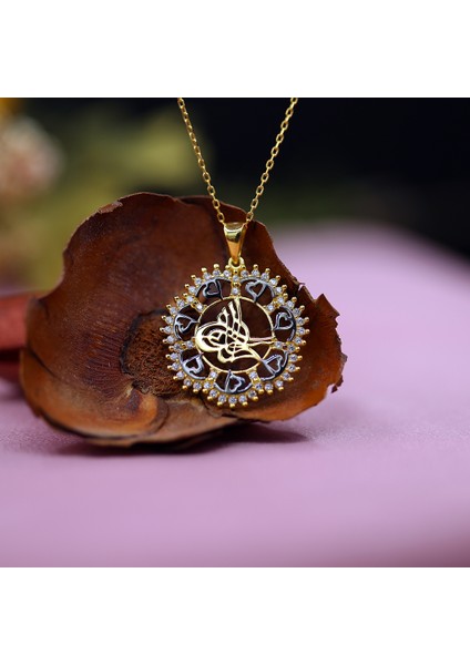 Beyaz Taşlı Kalpli Osmanlı Tuğralı Gümüş Kolye