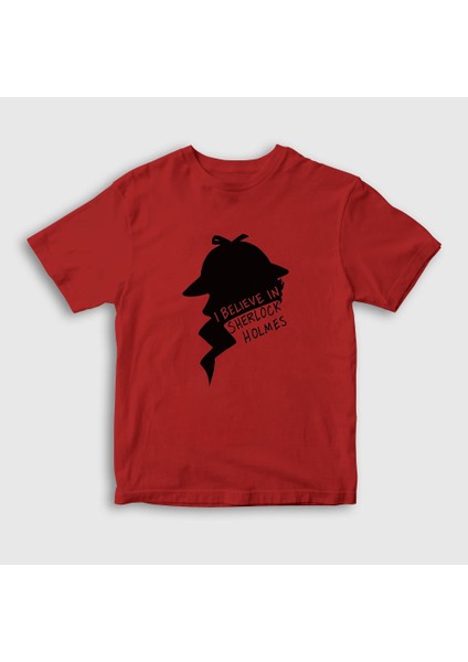 Unisex Çocuk Kırmızı Believe V2 Sherlock Holmes T-Shirt