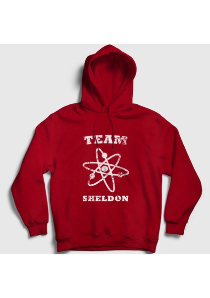 Unisex Kırmızı Team Sheldon The Big Bang Theory Kapüşonlu Sweatshirt