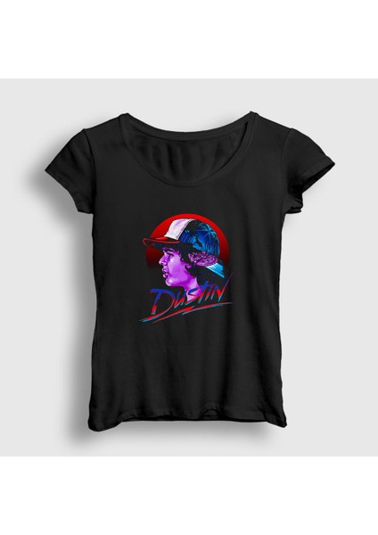 Kadın Siyah Dustin Stranger Things T-Shirt