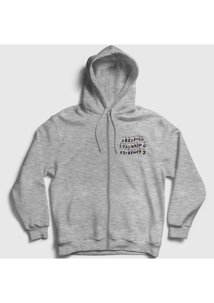 Unisex Gri Lights Stranger Things Fermuarlı Kapüşonlu Sweatshirt