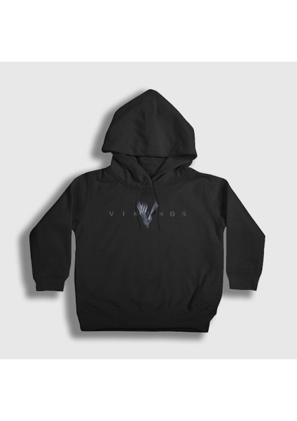 Unisex Çocuk Siyah Logo V2 Vikings Kapüşonlu Sweatshirt