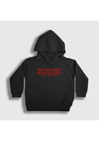 Unisex Çocuk Siyah Logo Stranger Things Kapüşonlu Sweatshirt