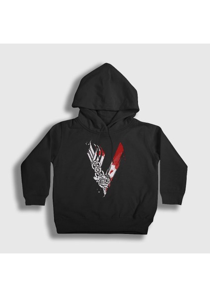 Unisex Çocuk Siyah Logo V3 Vikings Kapüşonlu Sweatshirt