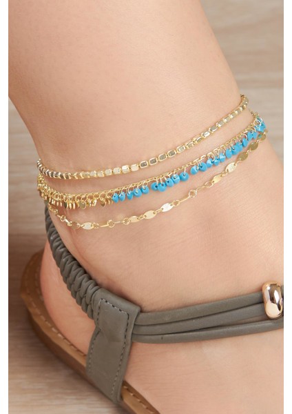 Gümüş Altın Kaplama Firuze Turkuaz Taşlı Üç Sıralı Zincir Halhal