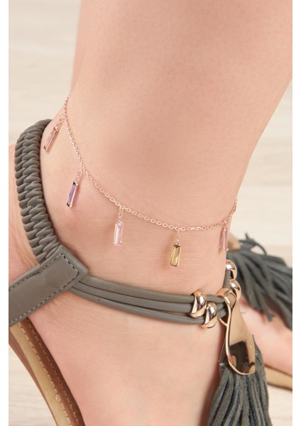 Gümüş Rose Renkli Zirkon Taşlı Çubuk Pullu Sallantılı Halhal