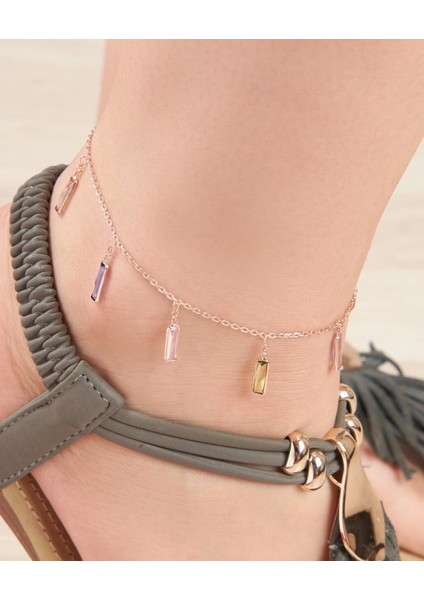 Gümüş Rose Renkli Zirkon Taşlı Çubuk Pullu Sallantılı Halhal fiyatları