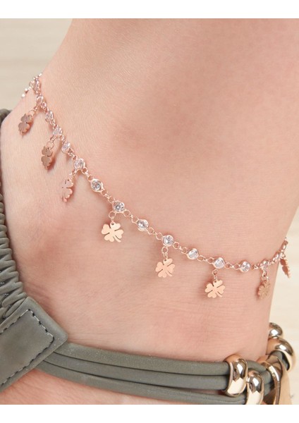 Gümüş Rose Zirkon Taşlı Yonca Halhal