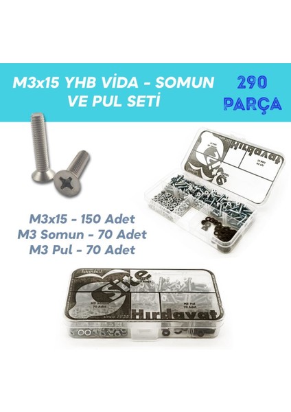 M3X15 Yhb Vida Somun ve Pul Seti, 290 Parça