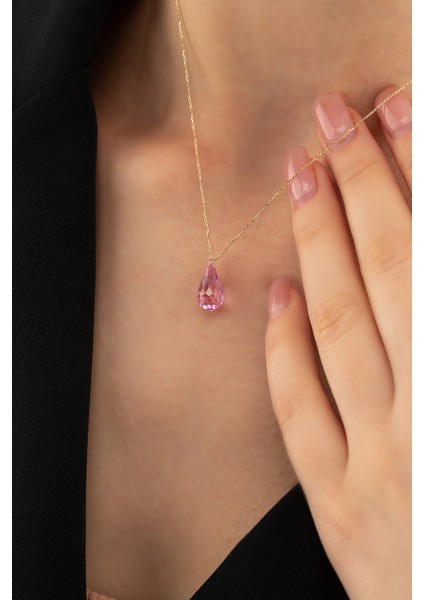 14 Ayar Altın Pembe Damla Modeli Kadın Kolye
