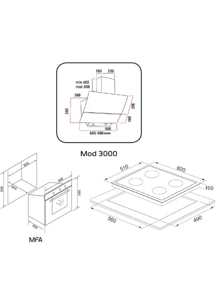 Premium 3'lü Siyah Ankastre Set (MOD3000-GLS640-MFA627)