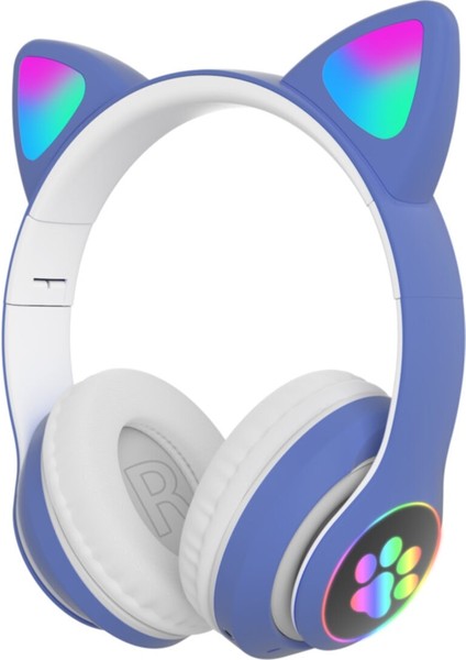 Bluetooth 5.0 LED Işıklı Sevimli Kedili Şık Tasarım Kulaklık Mavi