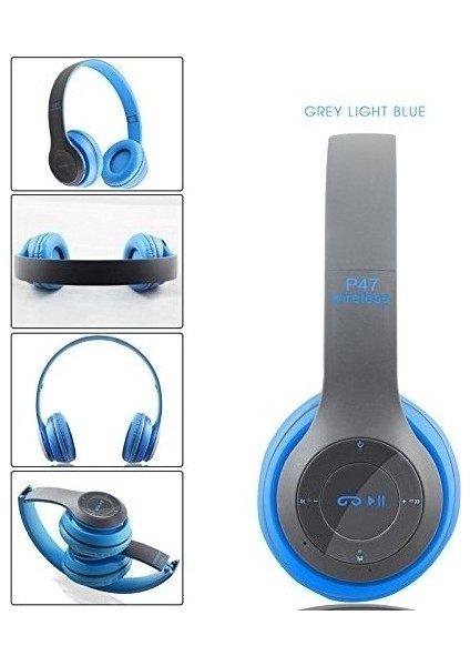 P47 Bluetooth Extra Bass Radyolu Katlanabilir Kulaklık Mavi