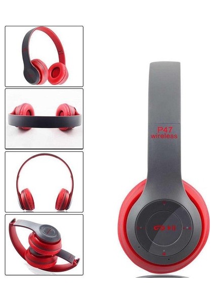 P47 Bluetooth Extra Bass Radyolu Katlanabilir Kulaklık Kırmızı