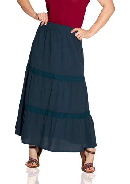 Uzun Şile Bezi Dantelli Yazlık Etek Petrol Ptrl