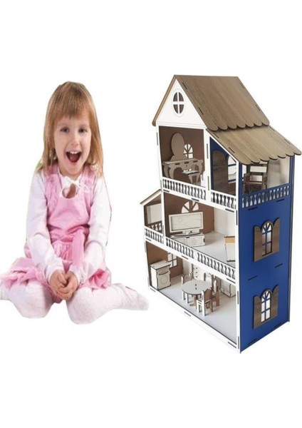 Woodylife Mavi Ev Çocuk Evcilik Oyun Oyuncak Montessori Barbi Ev