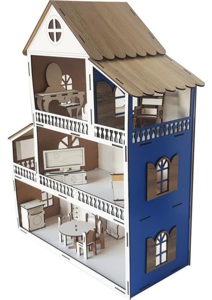 Woodylife Mavi Ev Çocuk Evcilik Oyun Oyuncak Montessori Barbi Ev