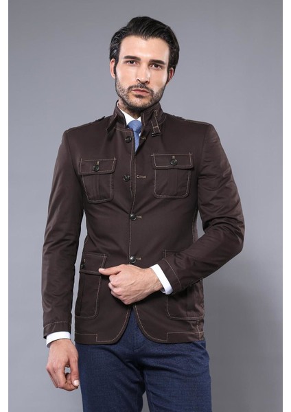Erkek Hakim Yaka Slim Fit Cepli Düğmeli Trençkot
