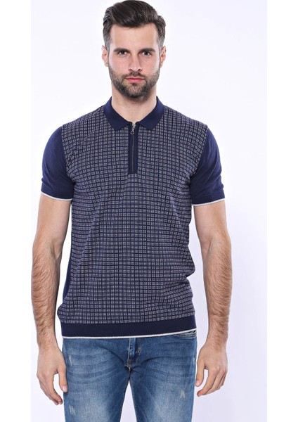 Erkek Slim Fit Polo Yaka Fermuarlı Desenli Tişört