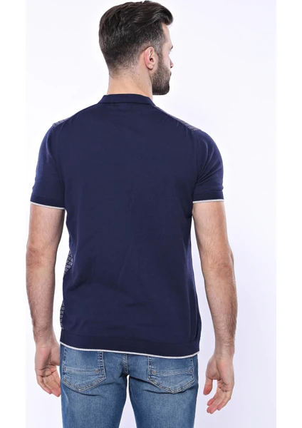 Erkek Slim Fit Polo Yaka Fermuarlı Desenli Tişört