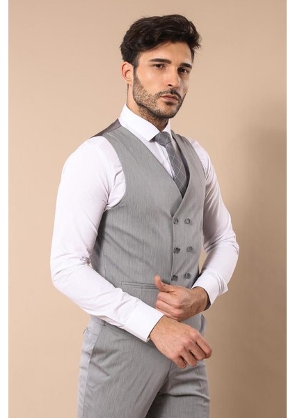 Erkek Sivri Yaka Slim Fit Yelekli Takım Elbise