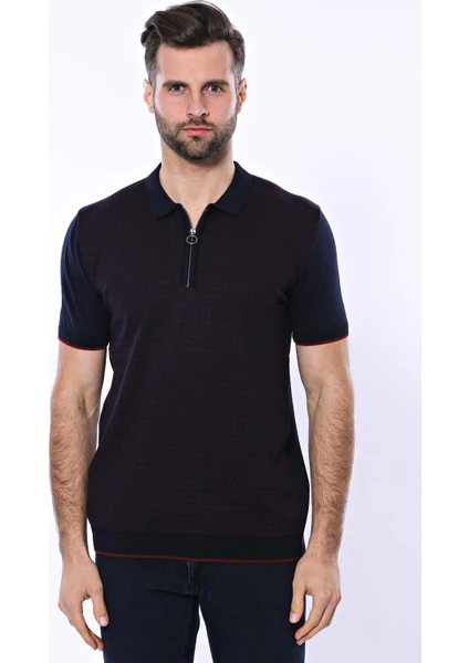 Erkek Slim Fit Polo Yaka Fermuarlı Desenli Tişört