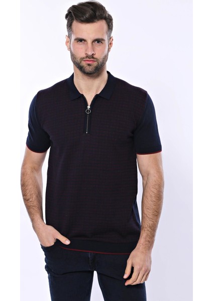 Erkek Slim Fit Polo Yaka Fermuarlı Desenli Tişört