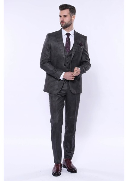 Erkek Çizgili Slim Fit Yelekli Takım Elbise