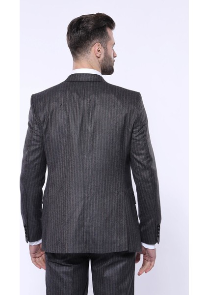 Erkek Çizgili Slim Fit Yelekli Takım Elbise