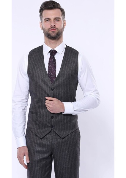 Erkek Çizgili Slim Fit Yelekli Takım Elbise