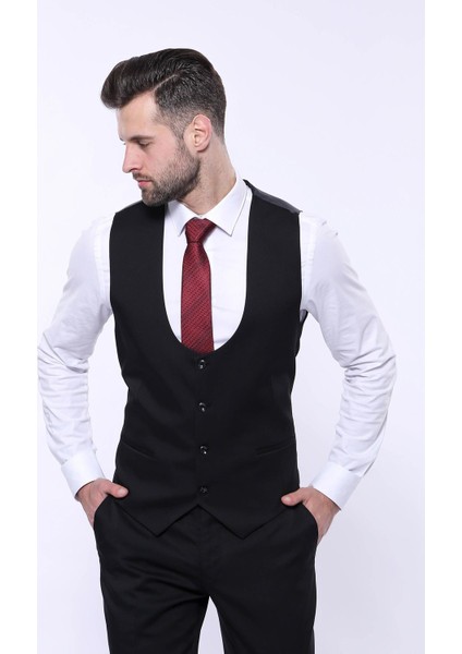 Erkek Slim Fit Kendinden Desenli Yelekli Takım Elbise