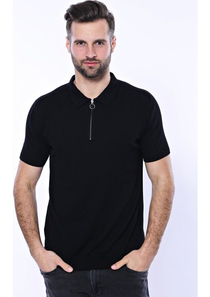 Erkek Slim Fit Polo Yaka Örme Düz Pamuk Tişört