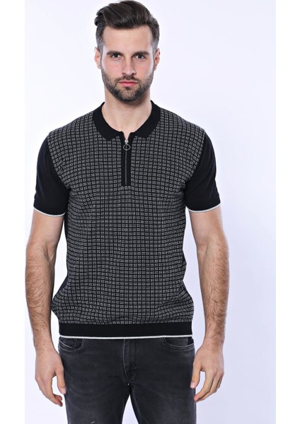 Erkek Slim Fit Polo Yaka Fermuarlı Desenli Tişört