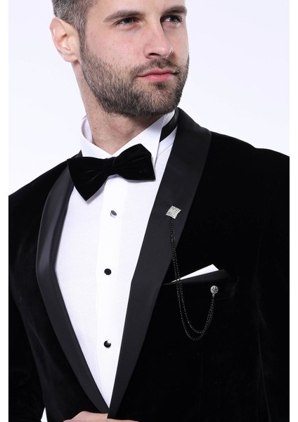 Erkek Düz Şal Yaka Velvet Slim Fit Ceket